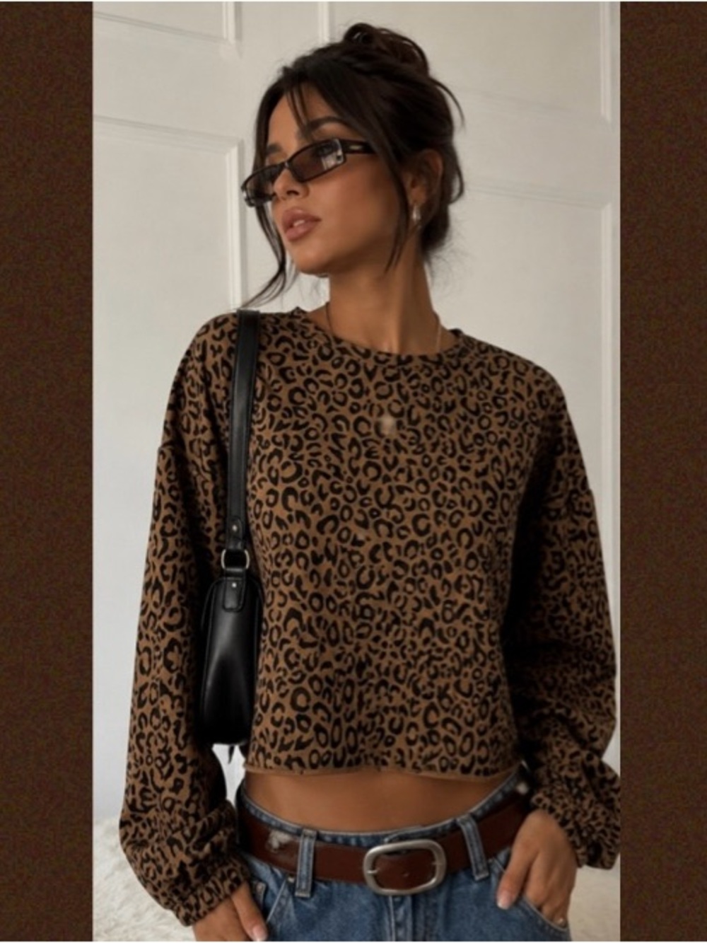 Hering Leopard Print Cropped light Sweatshirt Animal Print Pullover Y2K size M